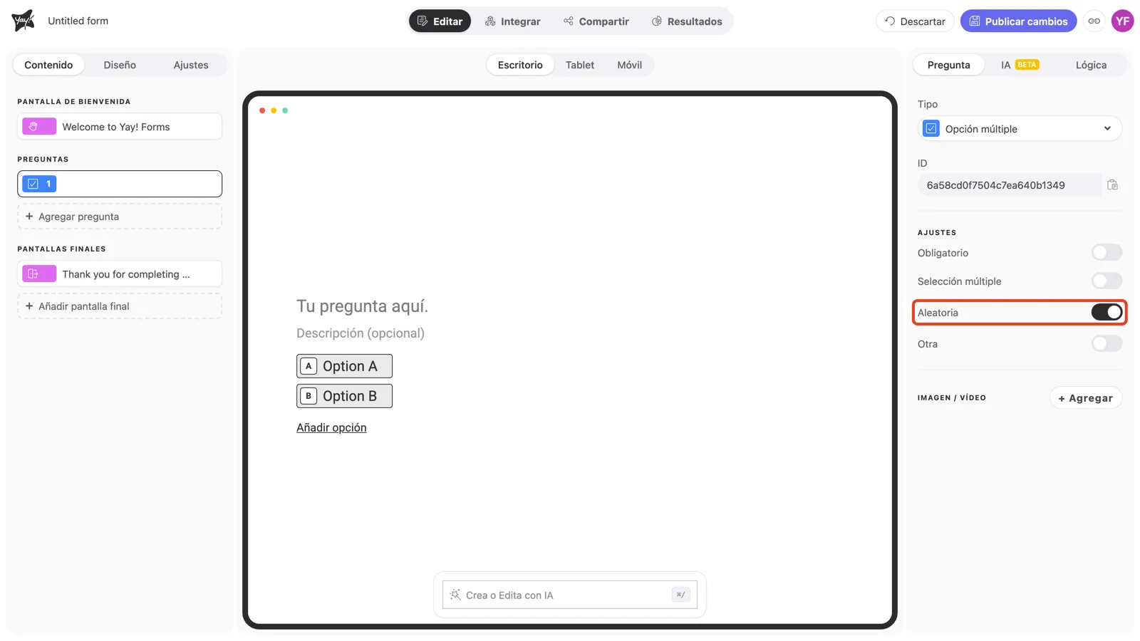 El toggle Aleatoria resaltado en la configuración de la pregunta