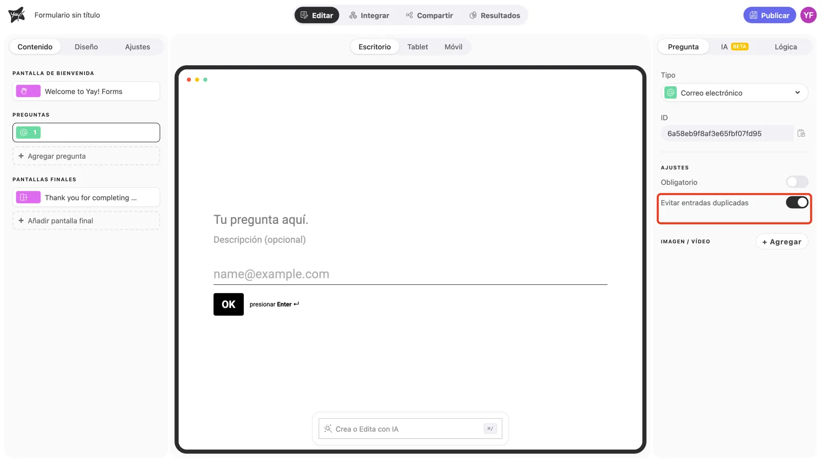 El toggle Evitar entradas duplicadas activado en la configuración de la pregunta