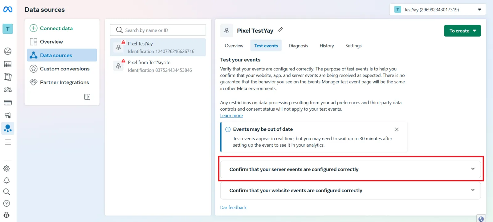 The Test events tab in Facebook Events Manager