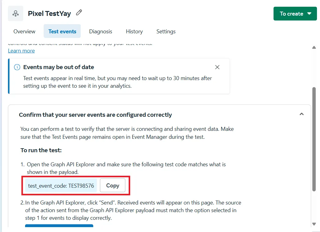 The test code to copy from the Test events tab