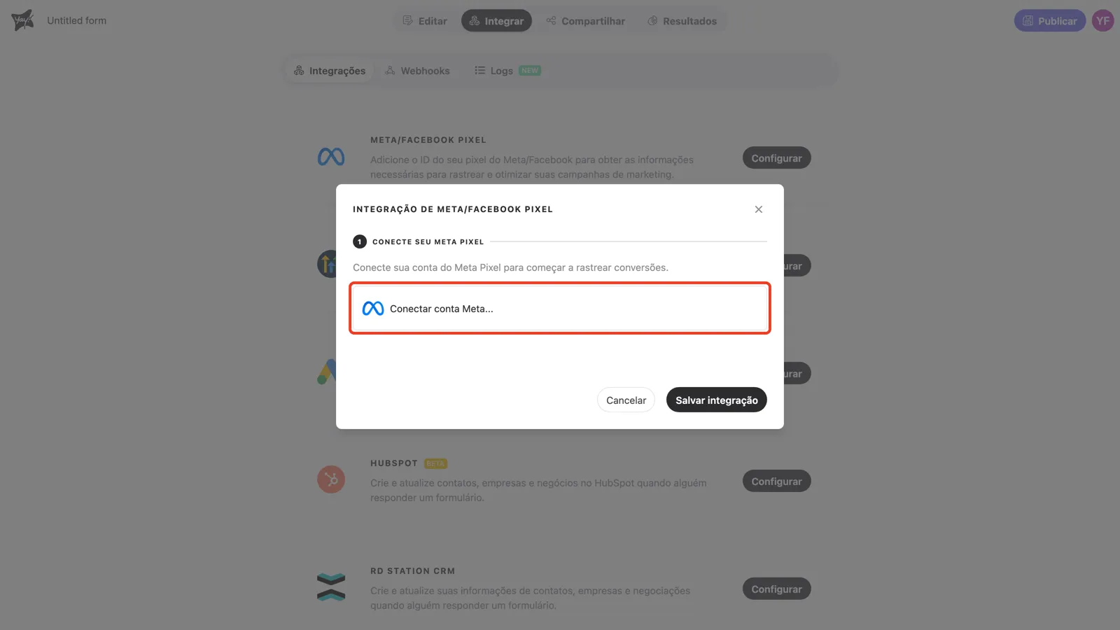 Etapa 1 do modal da integração, com a opção Conectar conta Meta destacada