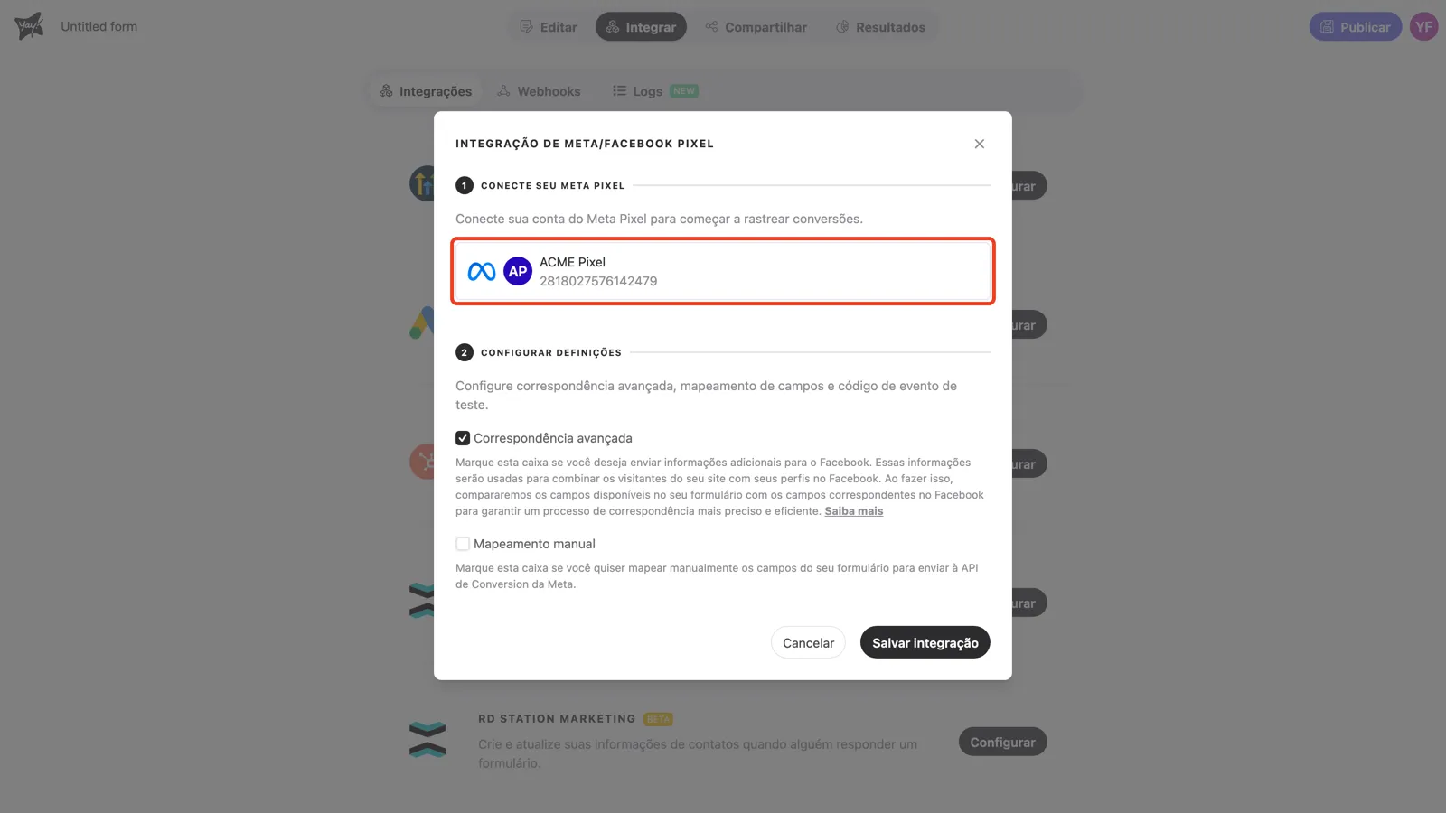 O card do pixel conectado na etapa 1, com as etapas 2 a 4 visíveis