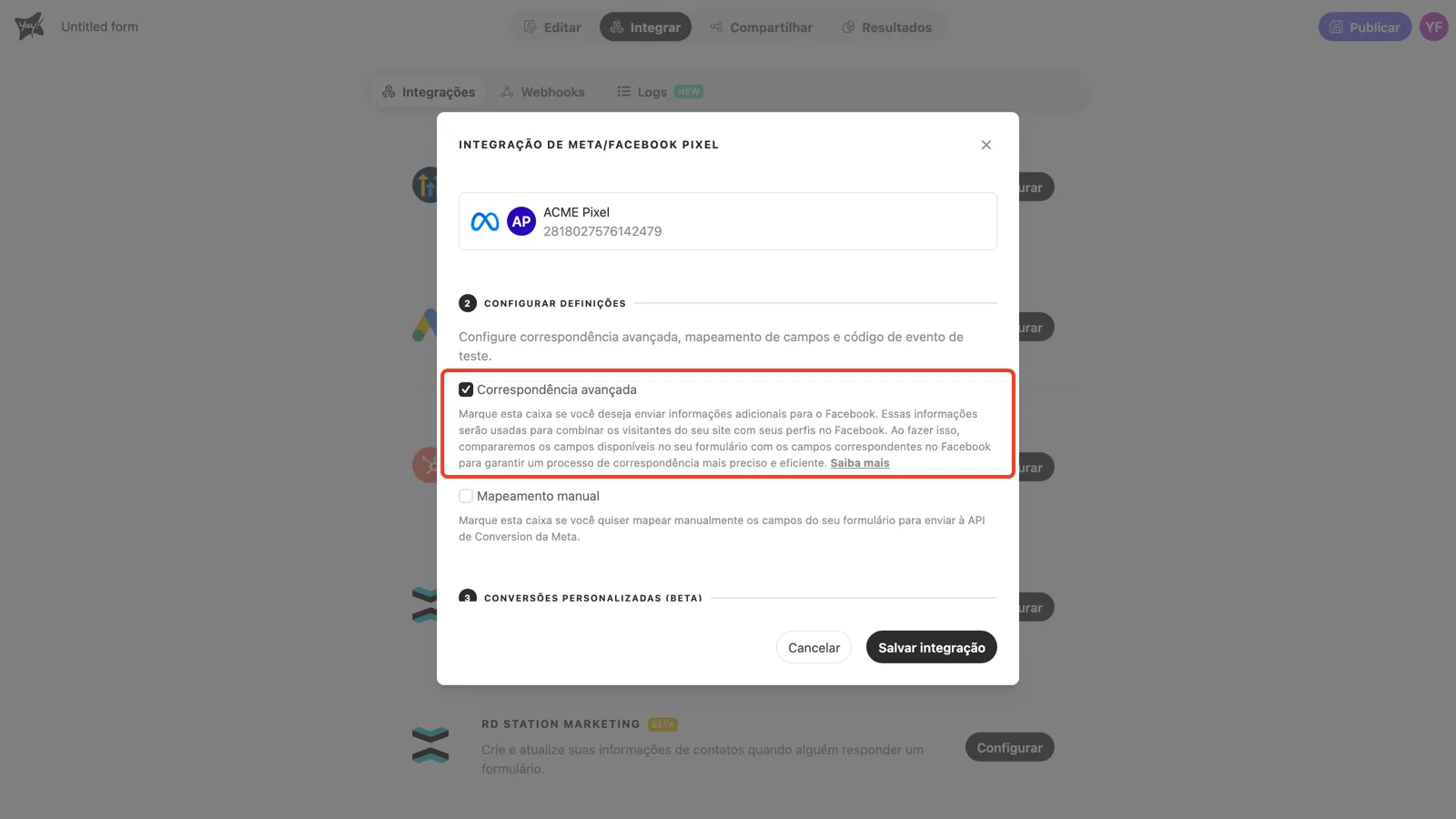 A caixa Correspondência avançada e sua explicação na etapa 2