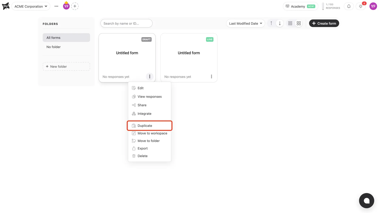 The Duplicate option highlighted in the form menu