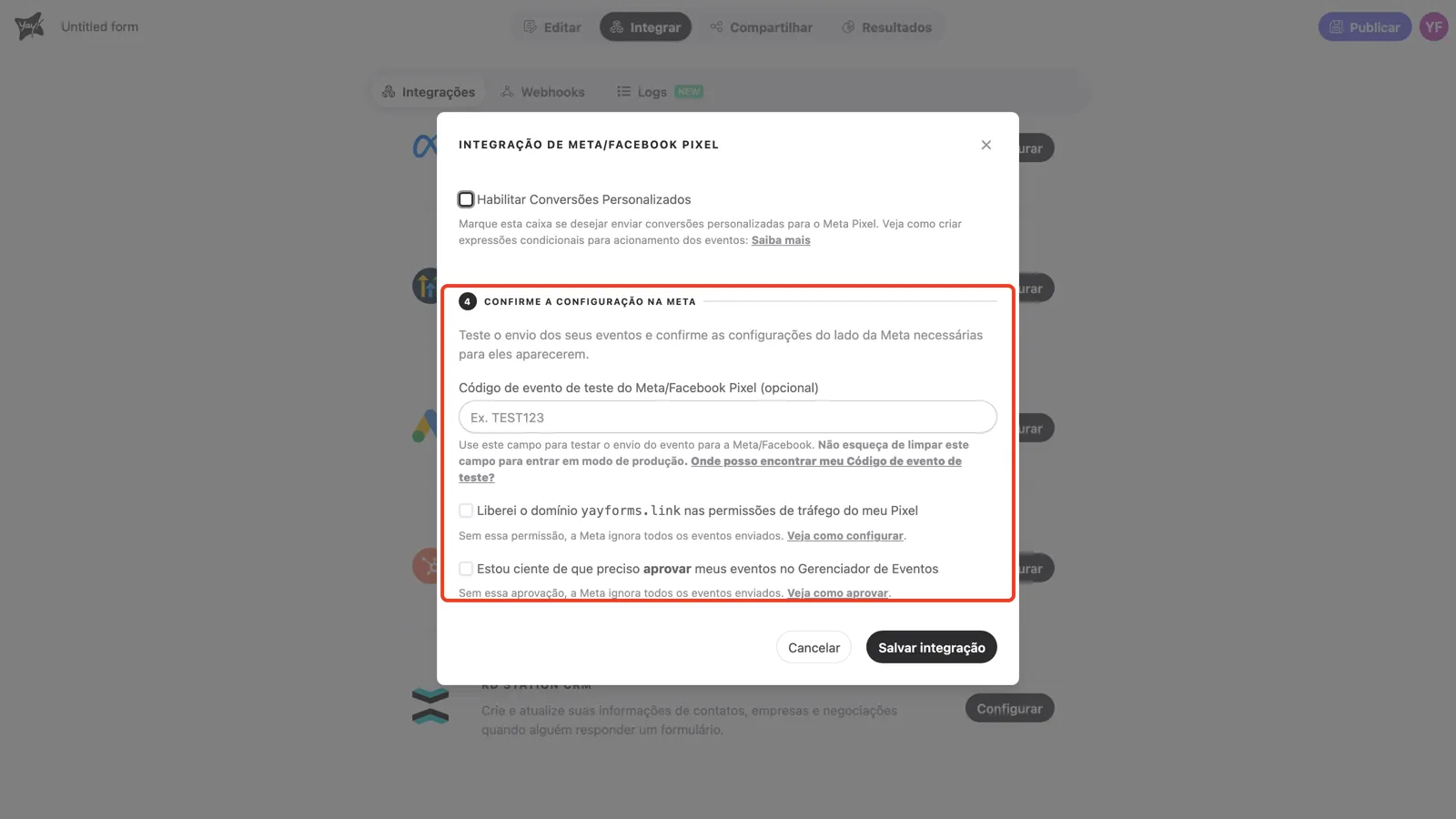 Etapa 4 com o campo de código de evento de teste e as duas caixas de confirmação