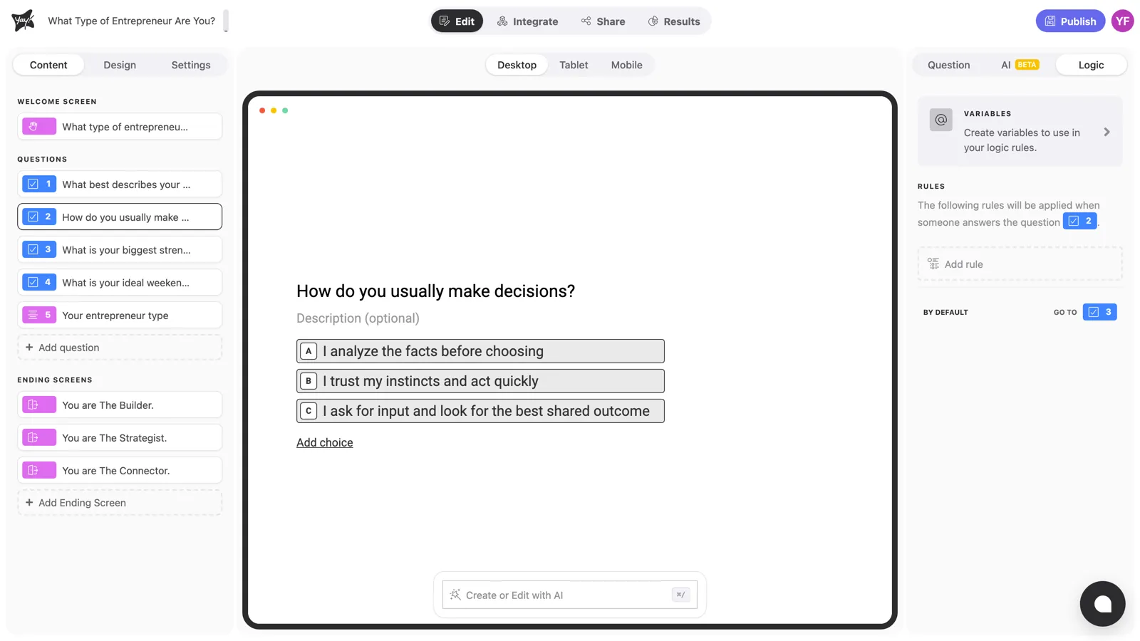 The Logic tab of a question, with Variables, Rules, and the default path