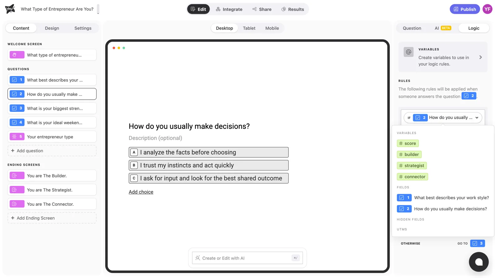 The condition source selector, listing variables, questions, hidden fields, and UTMs