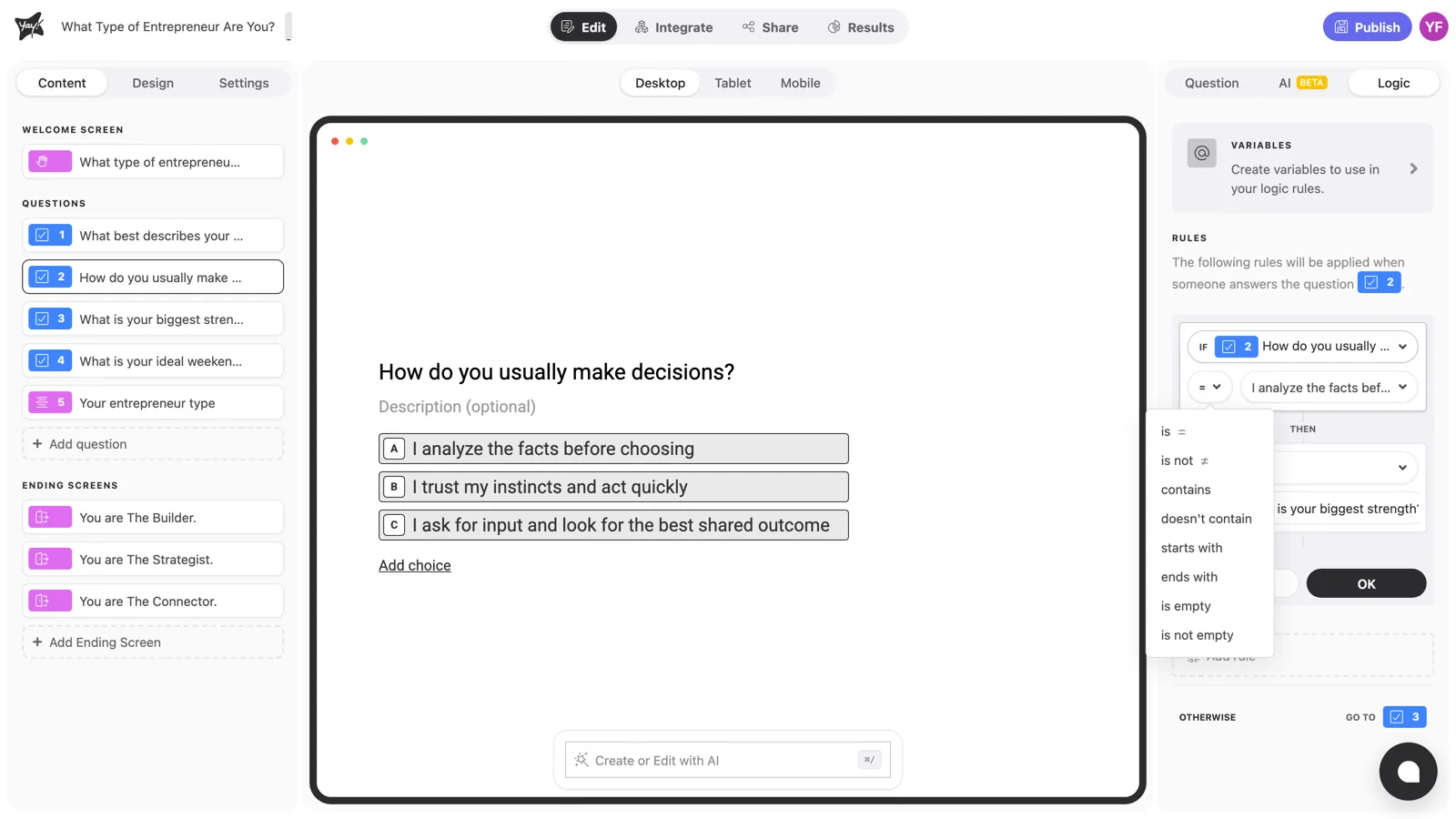 The operator list for a choice question