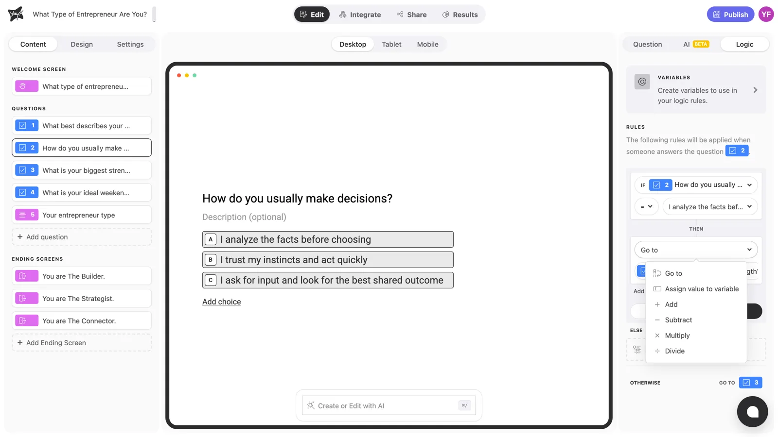 The action list: Go to, Assign value to variable, Add, Subtract, Multiply, Divide
