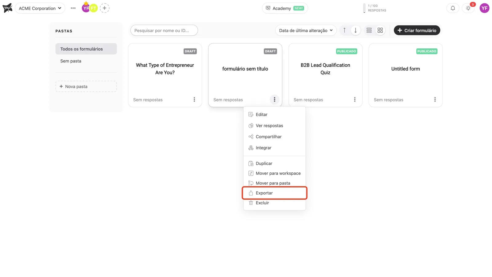 A opção Exportar em destaque no menu do formulário