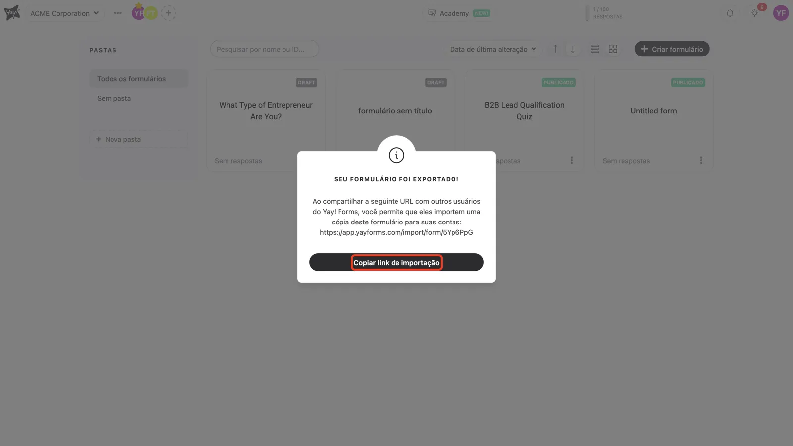 O botão Copiar link de importação em destaque na janela de exportação