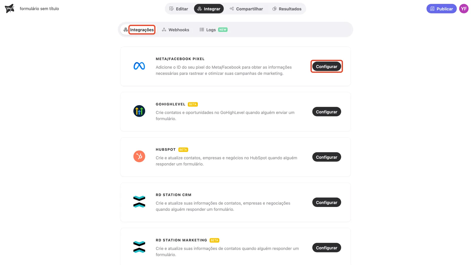 A aba Integrações com o botão Configurar em destaque