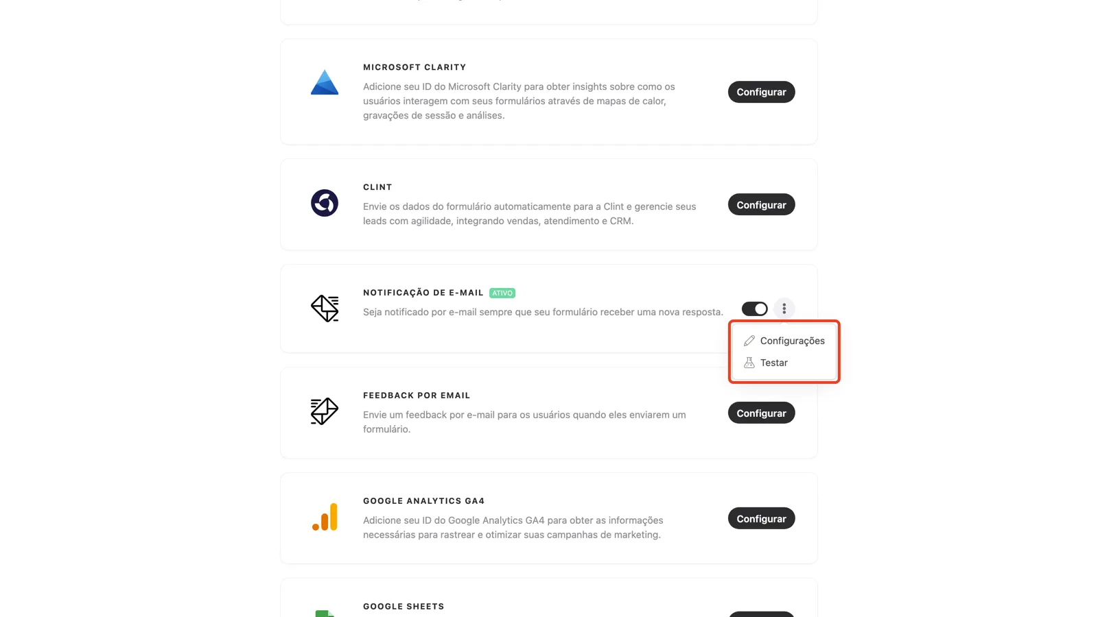 O menu de três pontos da integração com Configurações e Testar