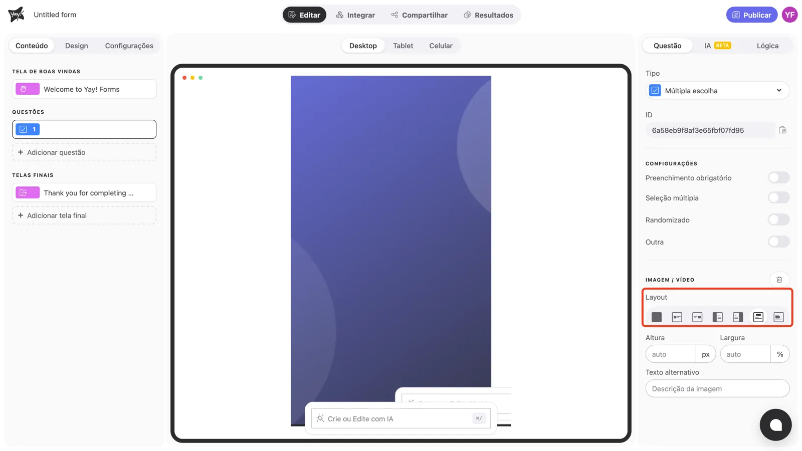 A linha de ícones do Layout em destaque no painel