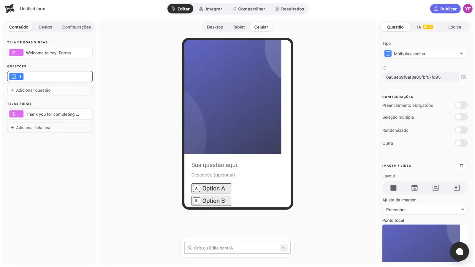 A visão mobile com a imagem empilhada acima da pergunta