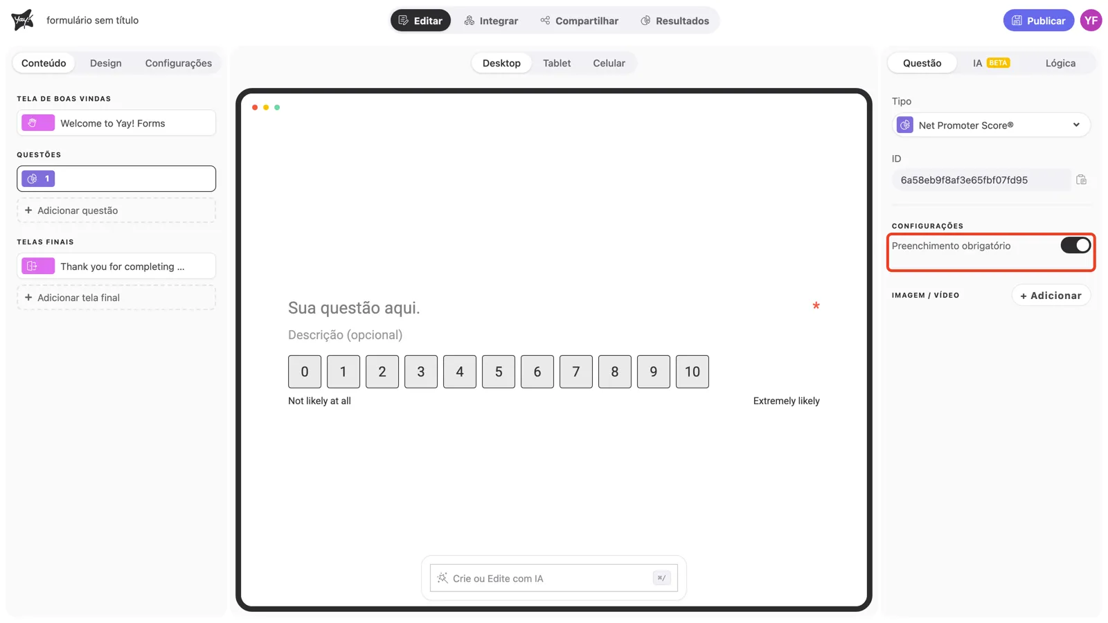 O toggle Preenchimento obrigatório ativado nas configurações da pergunta