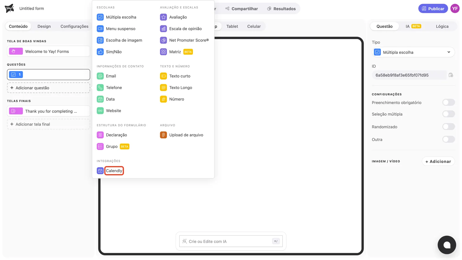 O menu de tipos de pergunta com Calendly em destaque na categoria Integrações