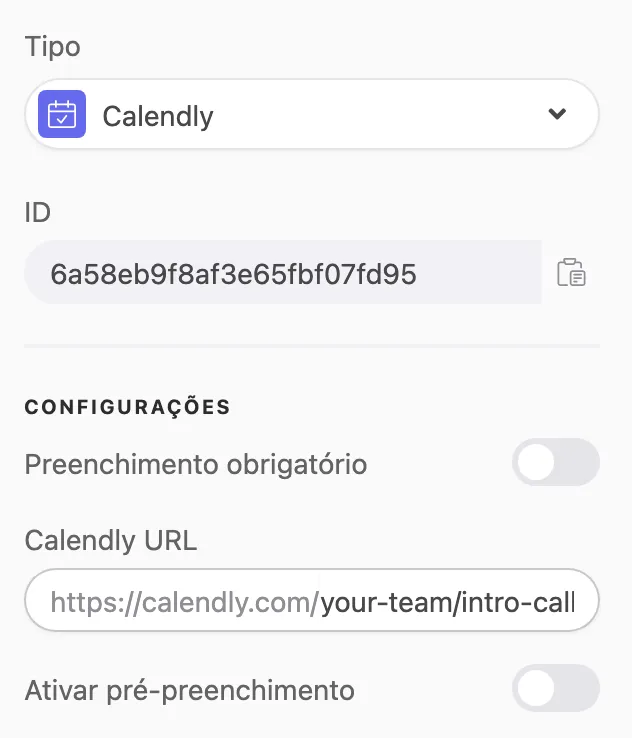 O painel da pergunta Calendly, de Tipo a Ativar pré-preenchimento, com a URL de exemplo preenchida no campo Calendly URL