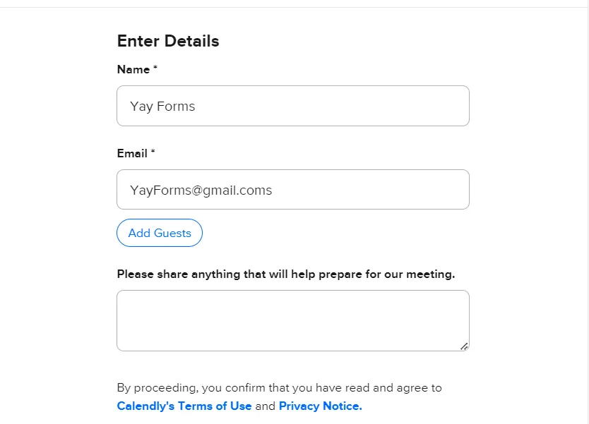 Calendly's booking form with the name and email fields prefilled
