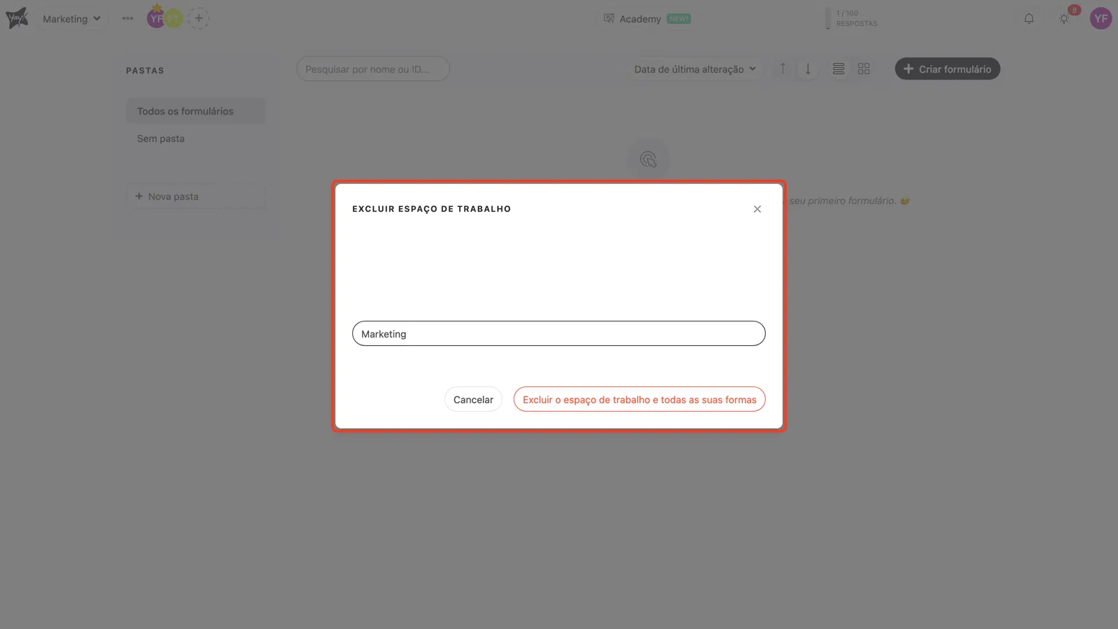 Digitando o nome do workspace para confirmar a exclusão
