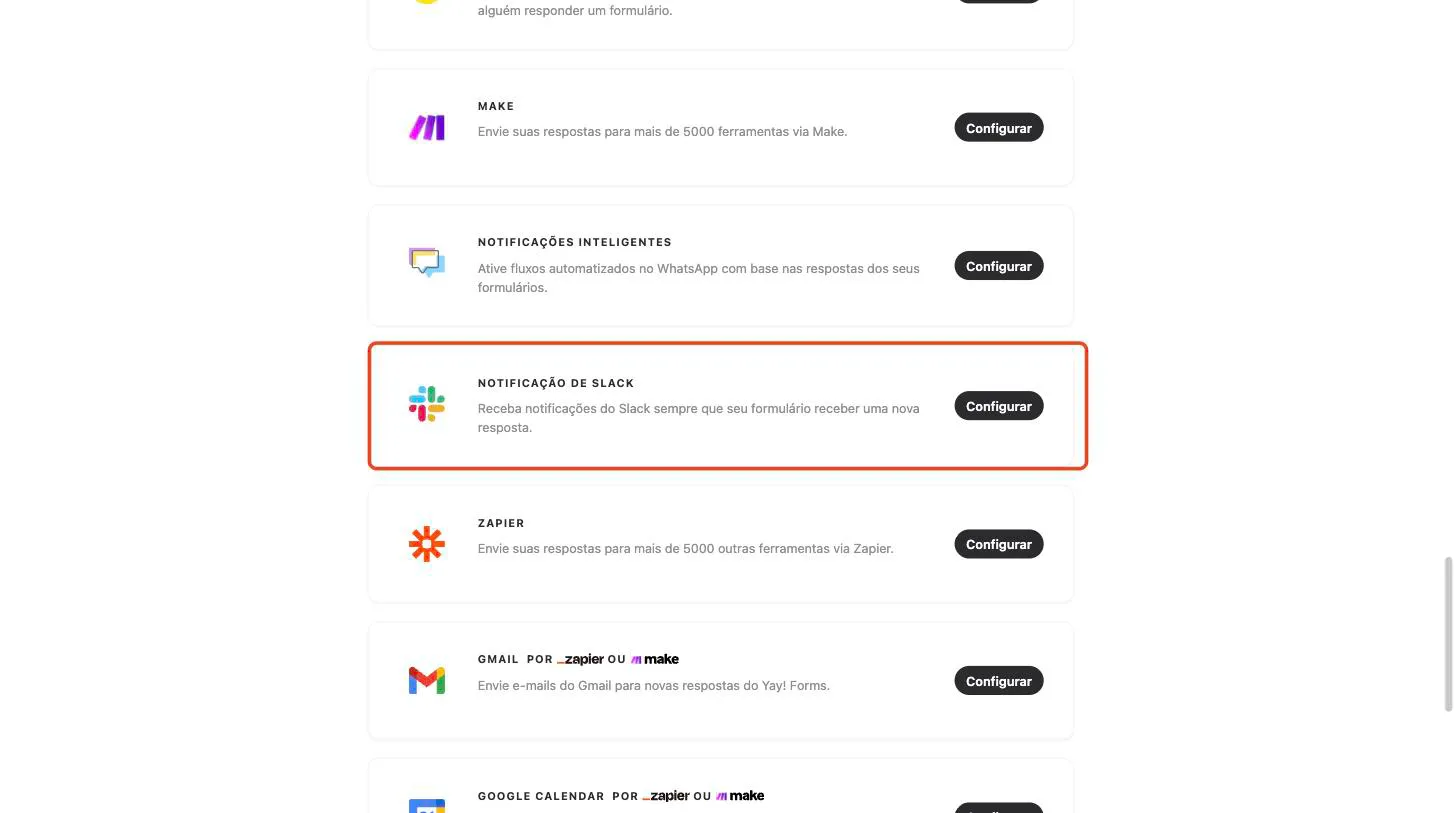 A aba Integrar com o card do Slack em destaque