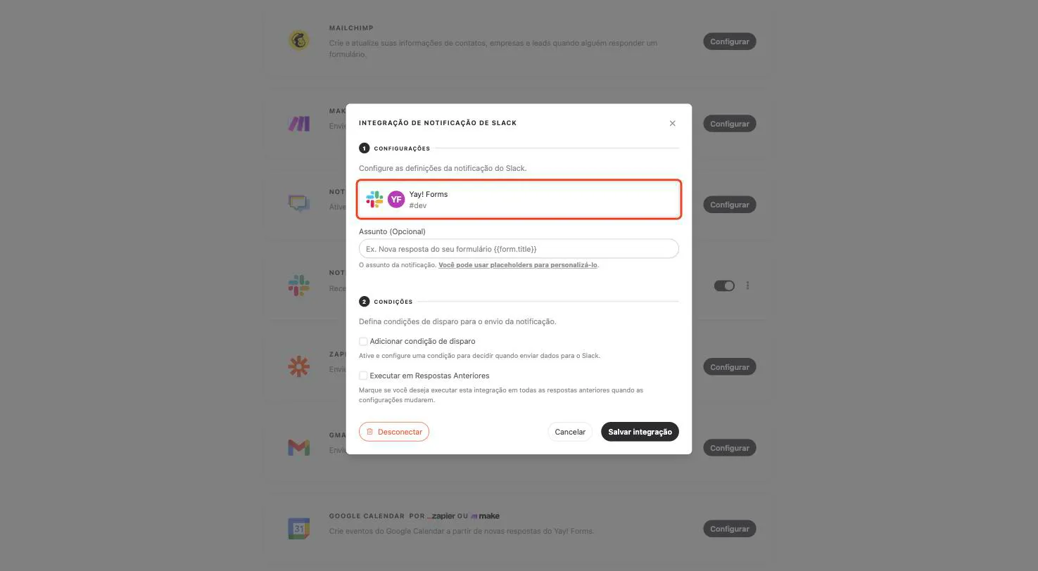 A conta do Slack conectada, com o restante das configurações visível
