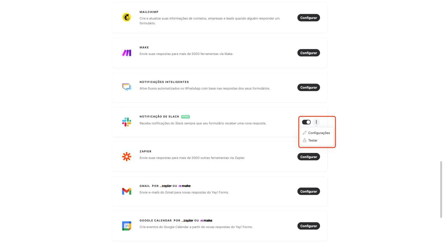 O card do Slack com a chave de ativação e o menu de três pontos aberto