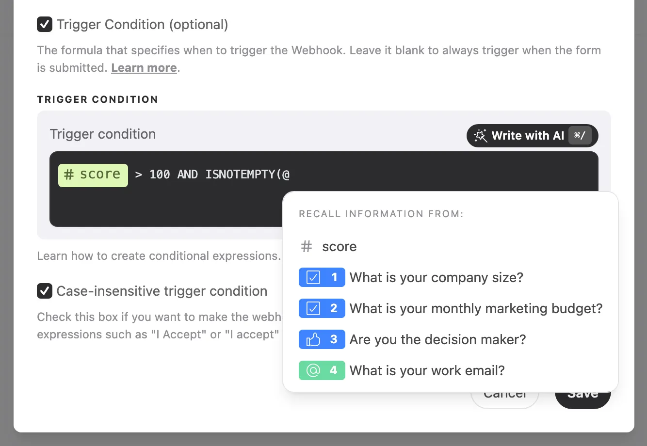 The menu that opens when you type @, listing the score variable and the form's questions