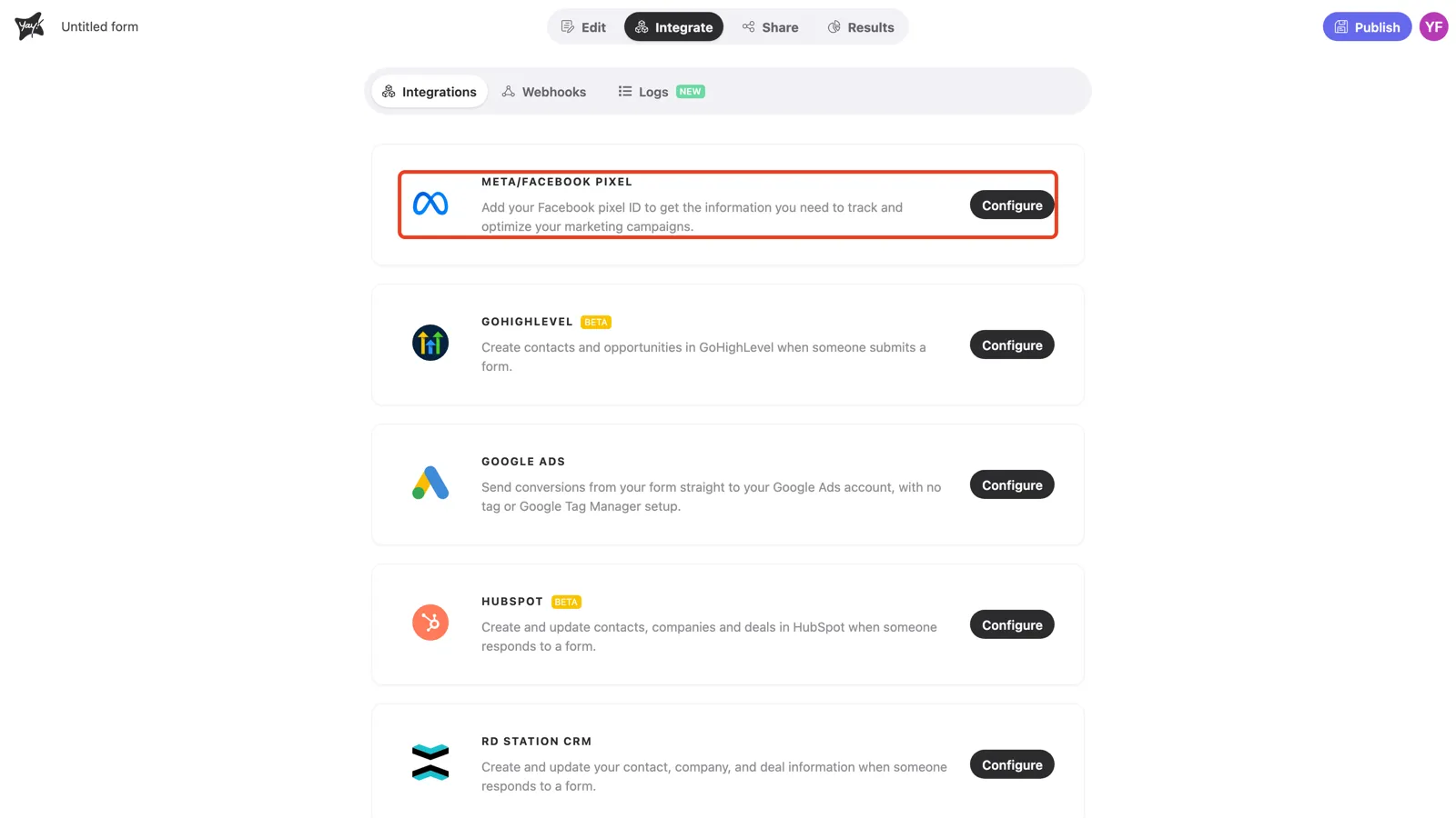 The Integrate tab with the Meta/Facebook Pixel card highlighted
