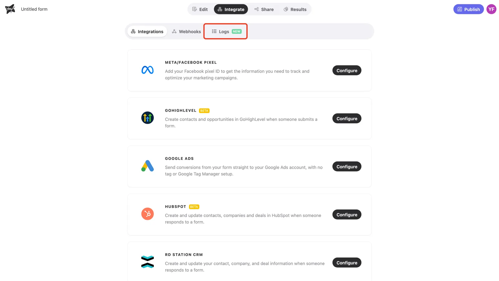 The Logs tab on the Integrate screen