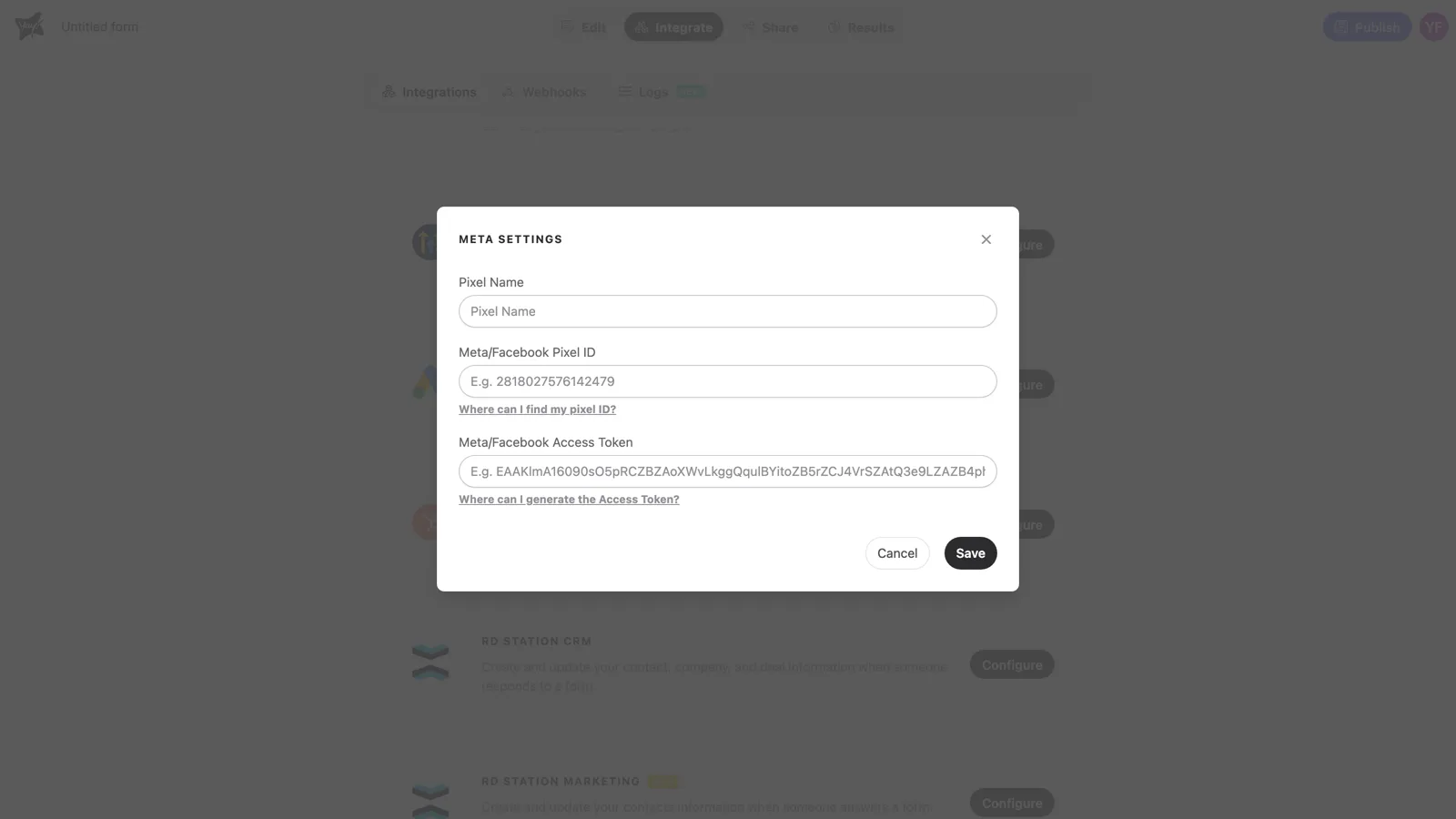 The Meta Settings form with the Pixel Name, Pixel ID and Access Token fields