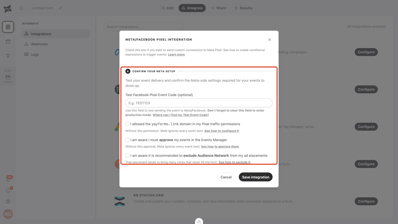 Step 4 with the test event code field and the three confirmation checkboxes