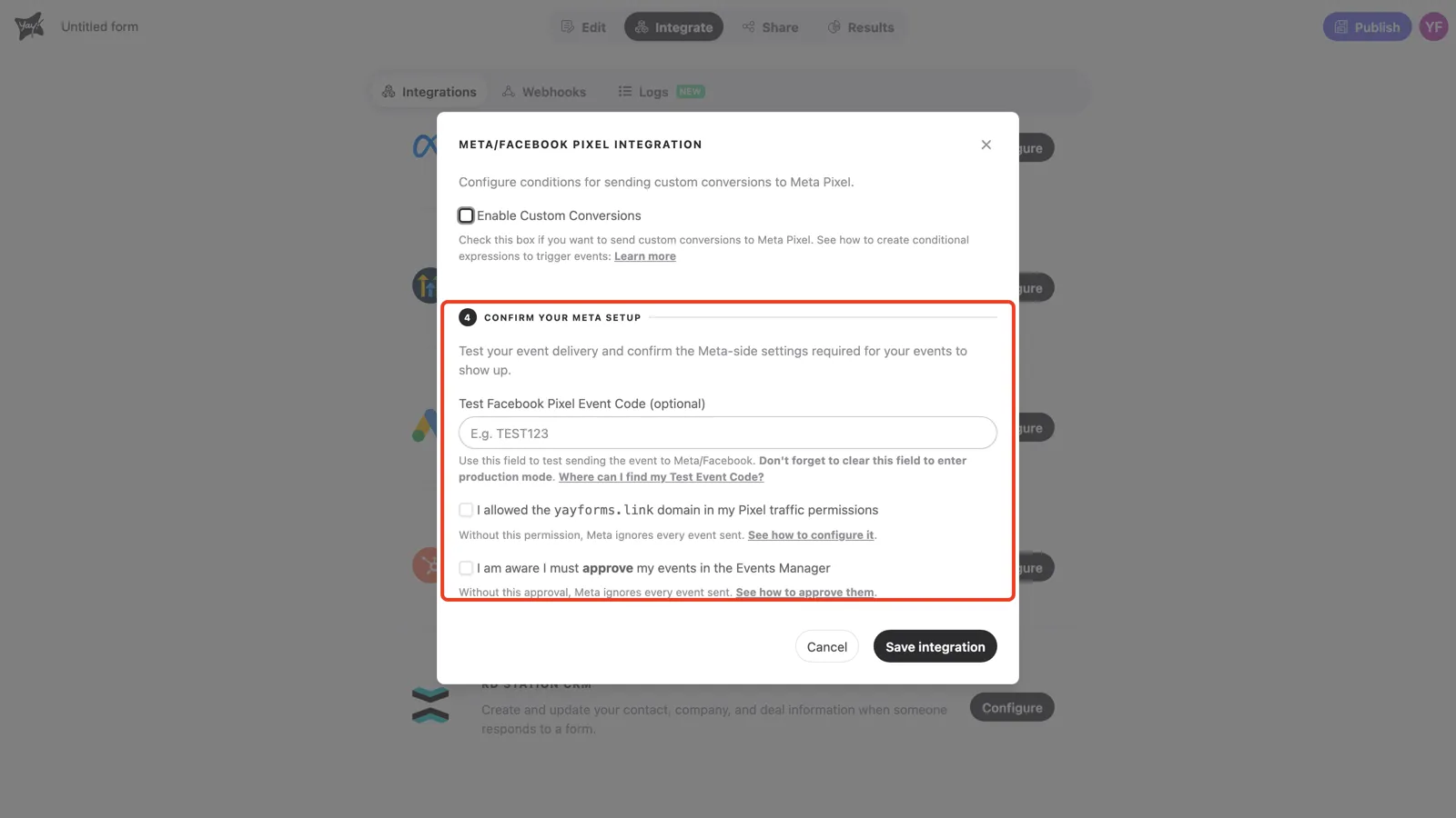 The test event code field in the Confirm your Meta setup step