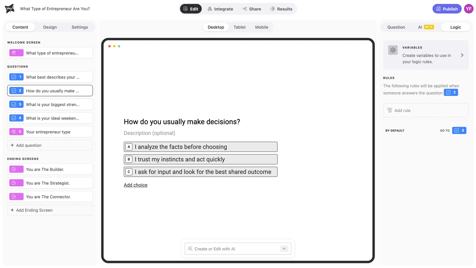 The Logic tab of a question, with Variables, Rules, and the default path