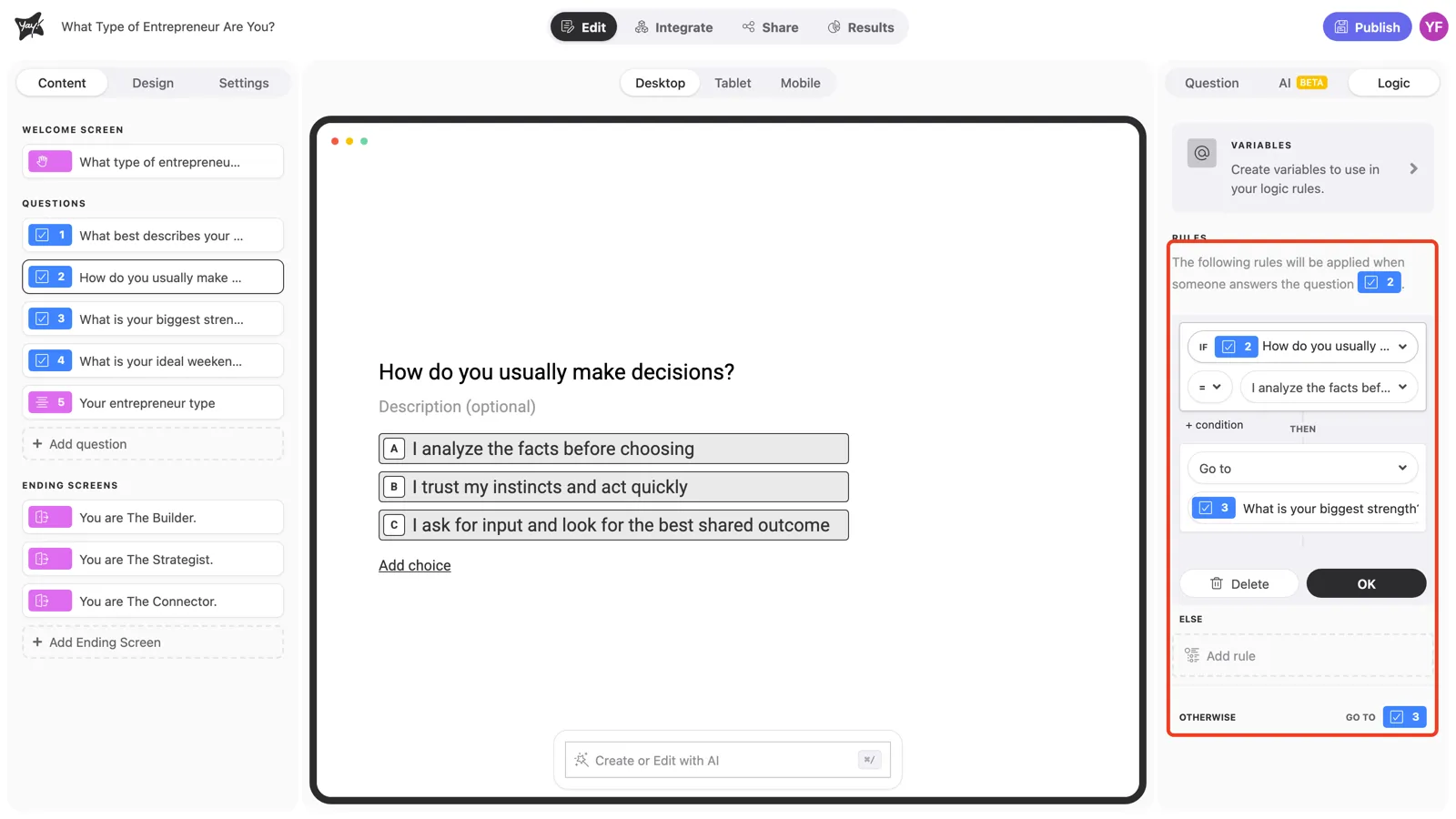 A new rule open in the editor, with IF, THEN, Else, and Otherwise