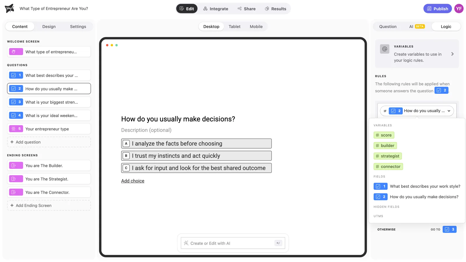 The condition source selector, listing variables, questions, hidden fields, and UTMs