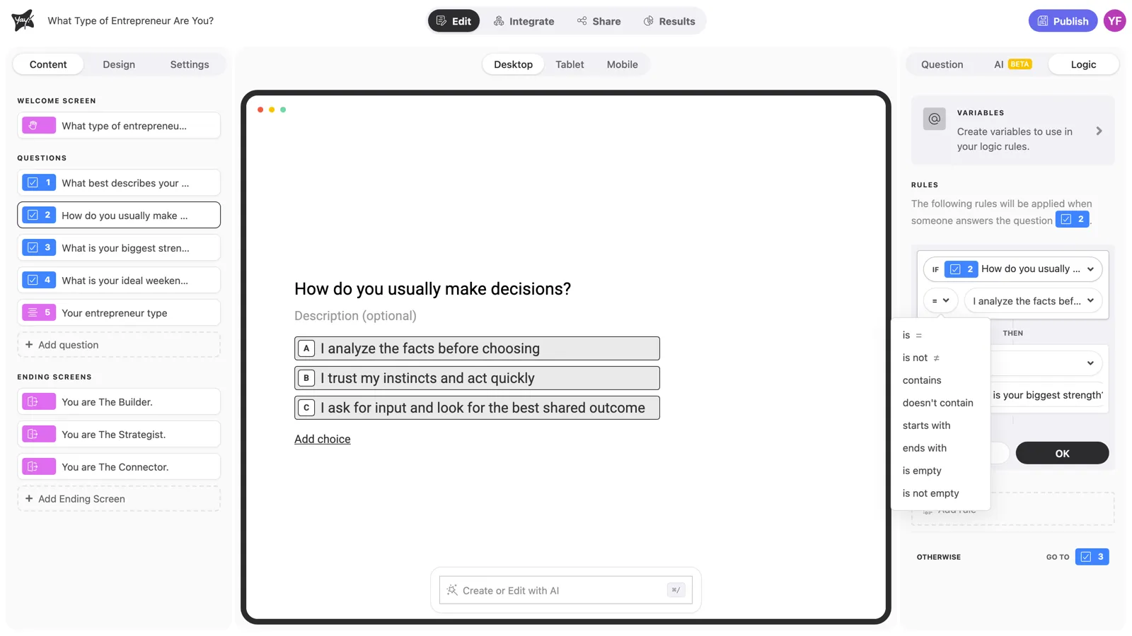 The operator list for a choice question
