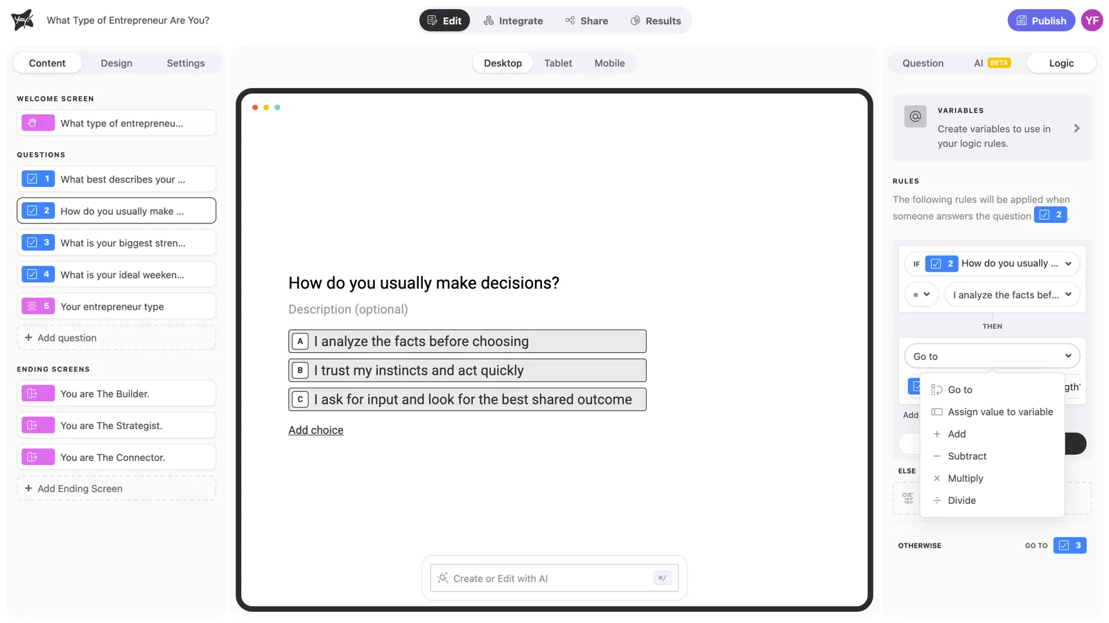 The action list: Go to, Assign value to variable, Add, Subtract, Multiply, Divide