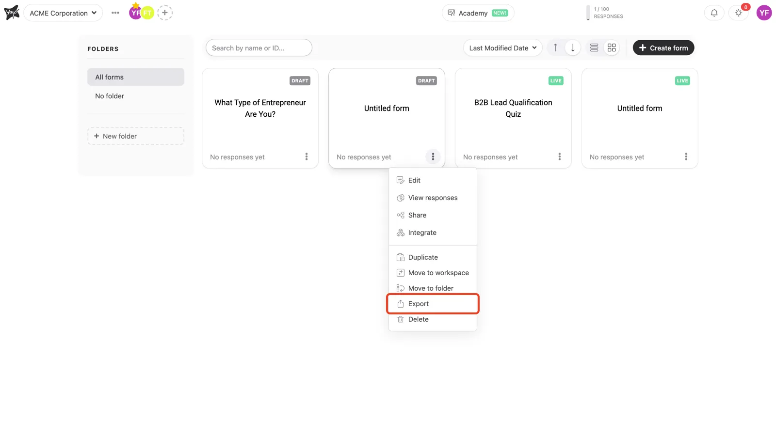 The Export option highlighted in the form menu