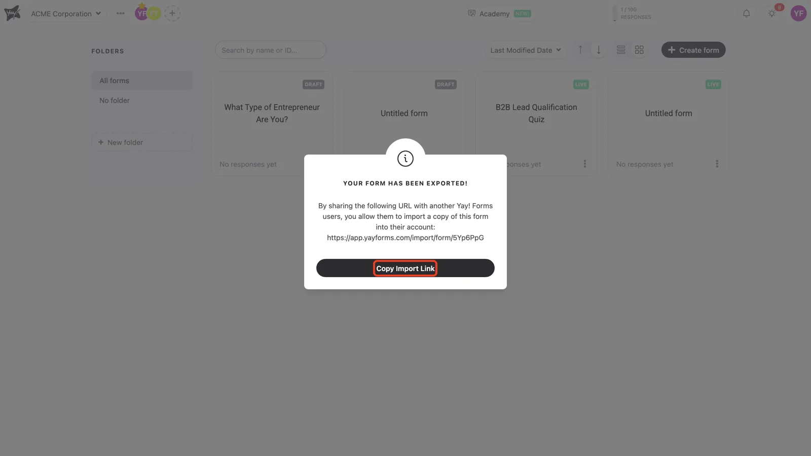 The Copy Import Link button highlighted in the export dialog