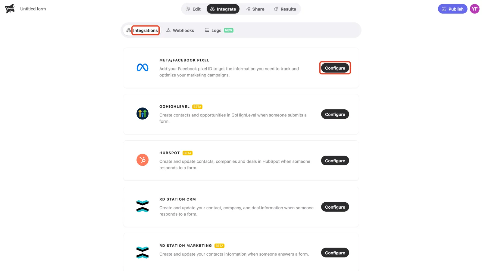 The Integrations tab with the Configure button highlighted
