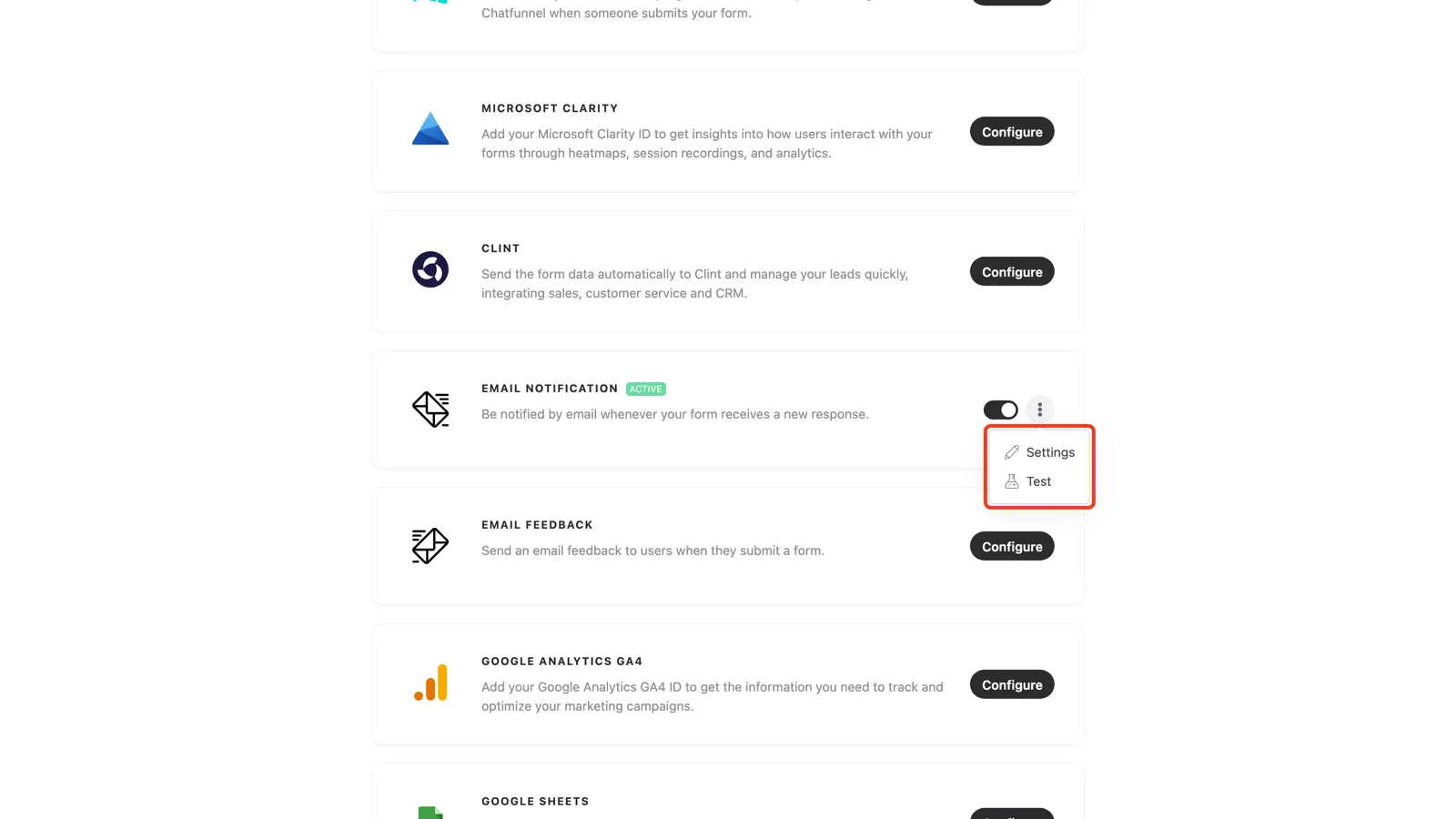 The integration three-dot menu with Settings and Test