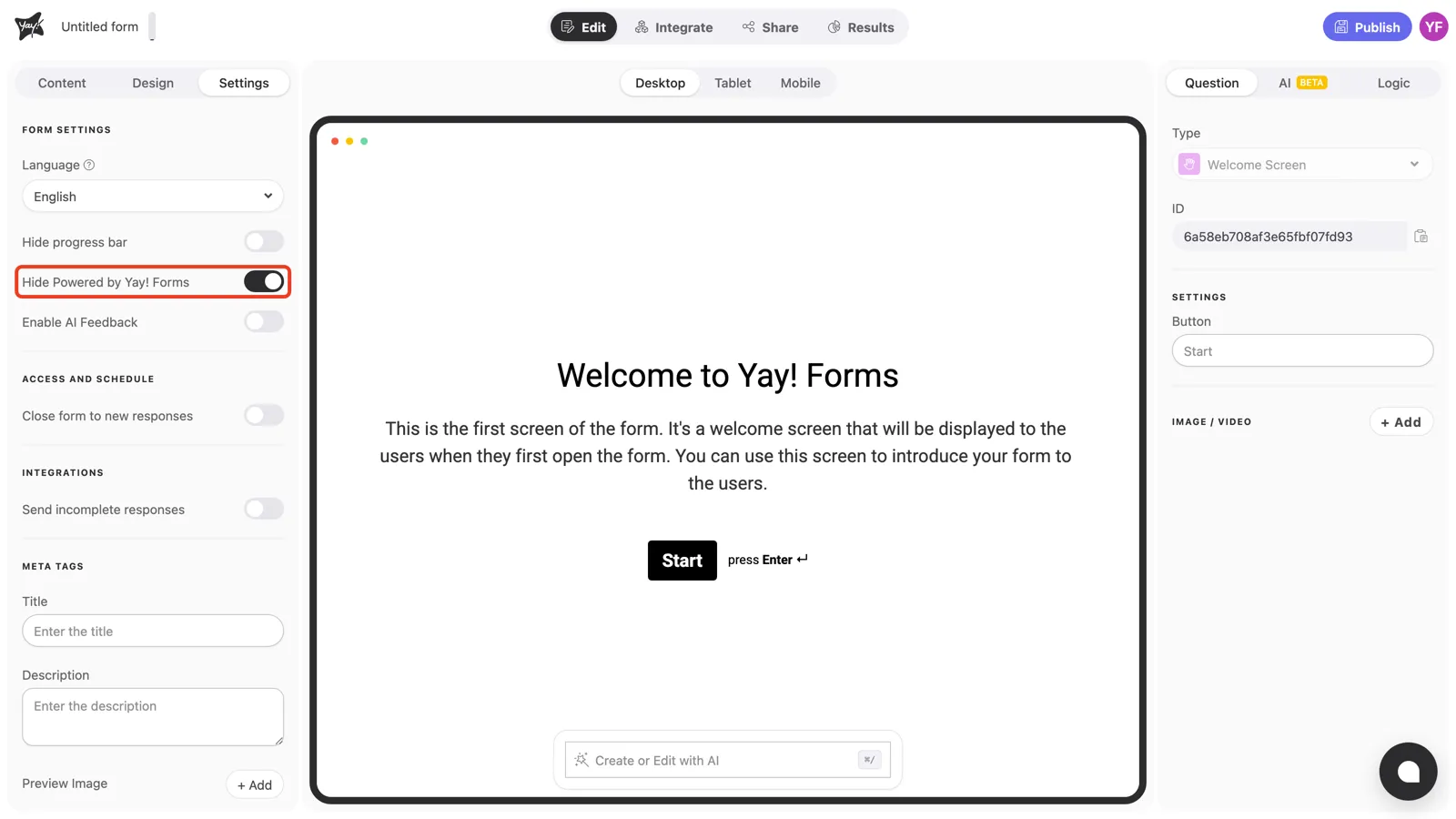 The Hide Powered by Yay! Forms toggle on in the form settings
