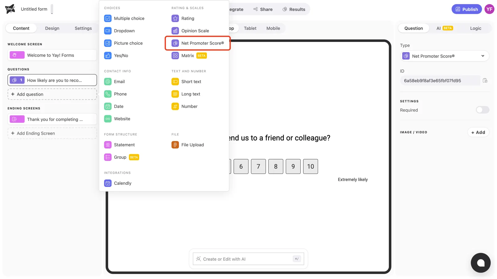 The question type menu with Net Promoter Score® highlighted