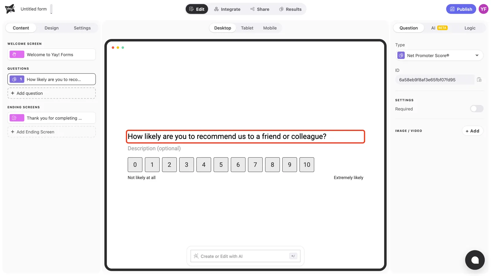 The NPS question with its default text and 0–10 scale