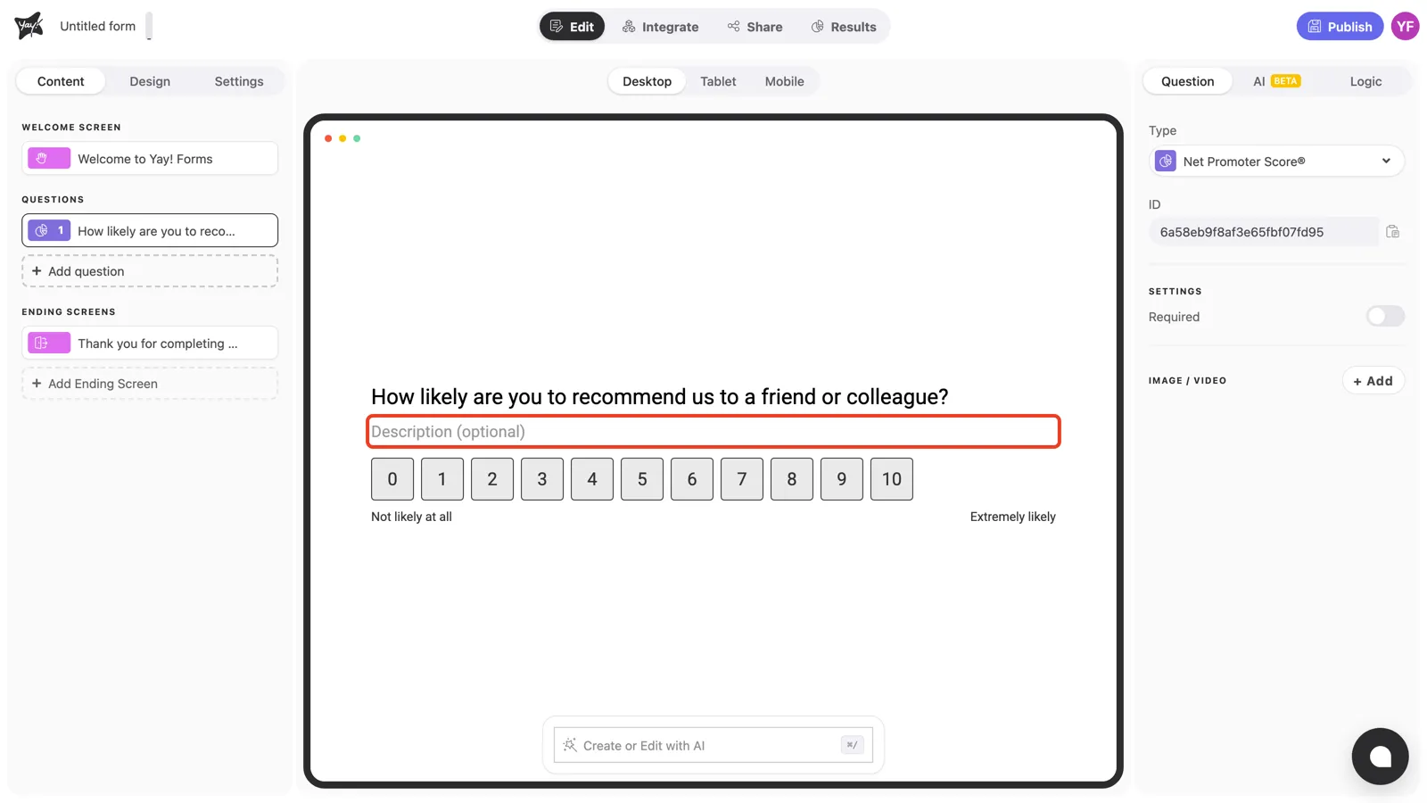 The optional description field highlighted in the canvas