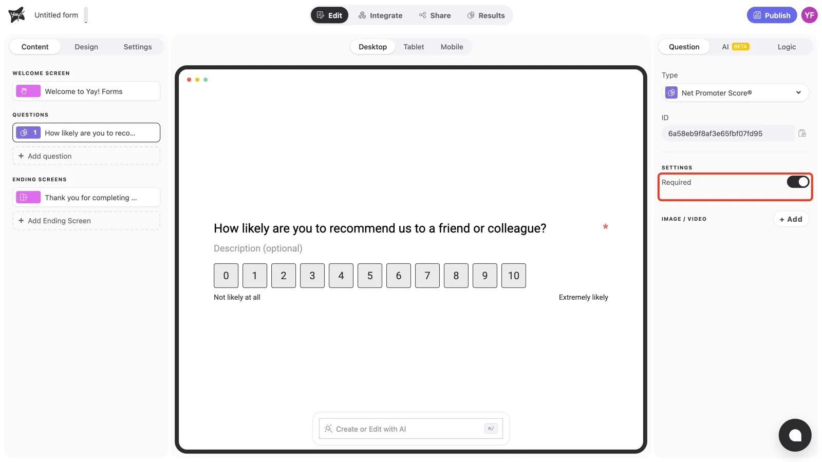 The Required toggle on in the question settings
