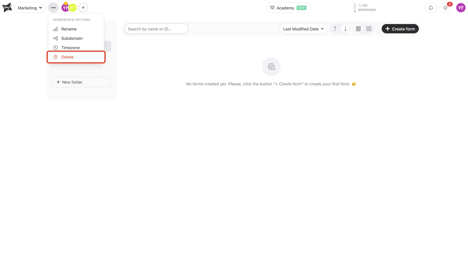 The Delete option in the workspace options menu