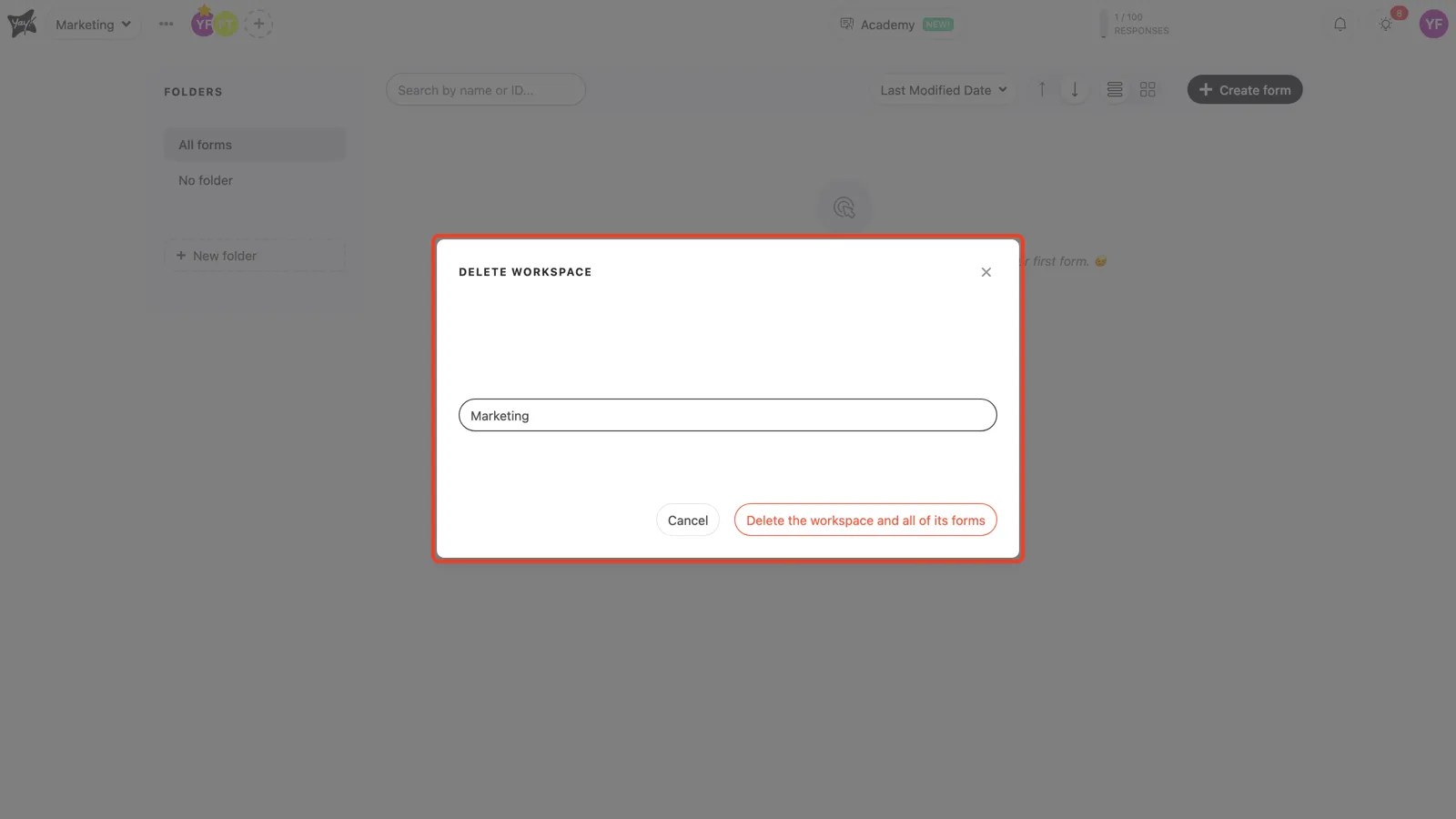 Typing the workspace name to confirm deletion
