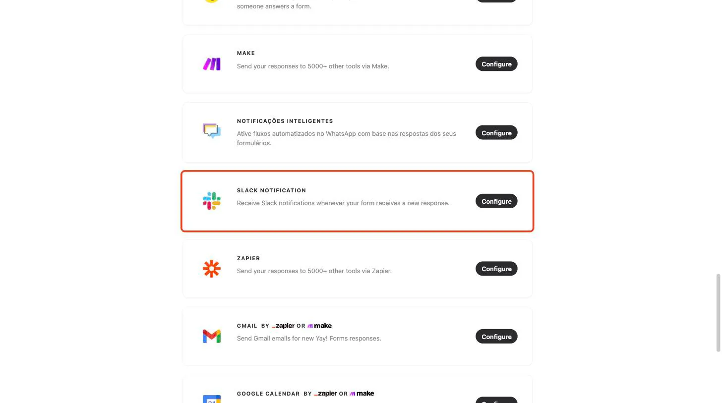 The Integrate tab with the Slack card highlighted